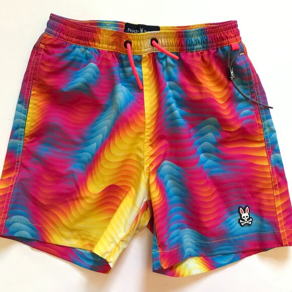 Psycho Bunny Print Shorts Swim Trunks Boys 10 12 Medium Blue Pink Tie Dye 4.5" - Picture 2 of 11